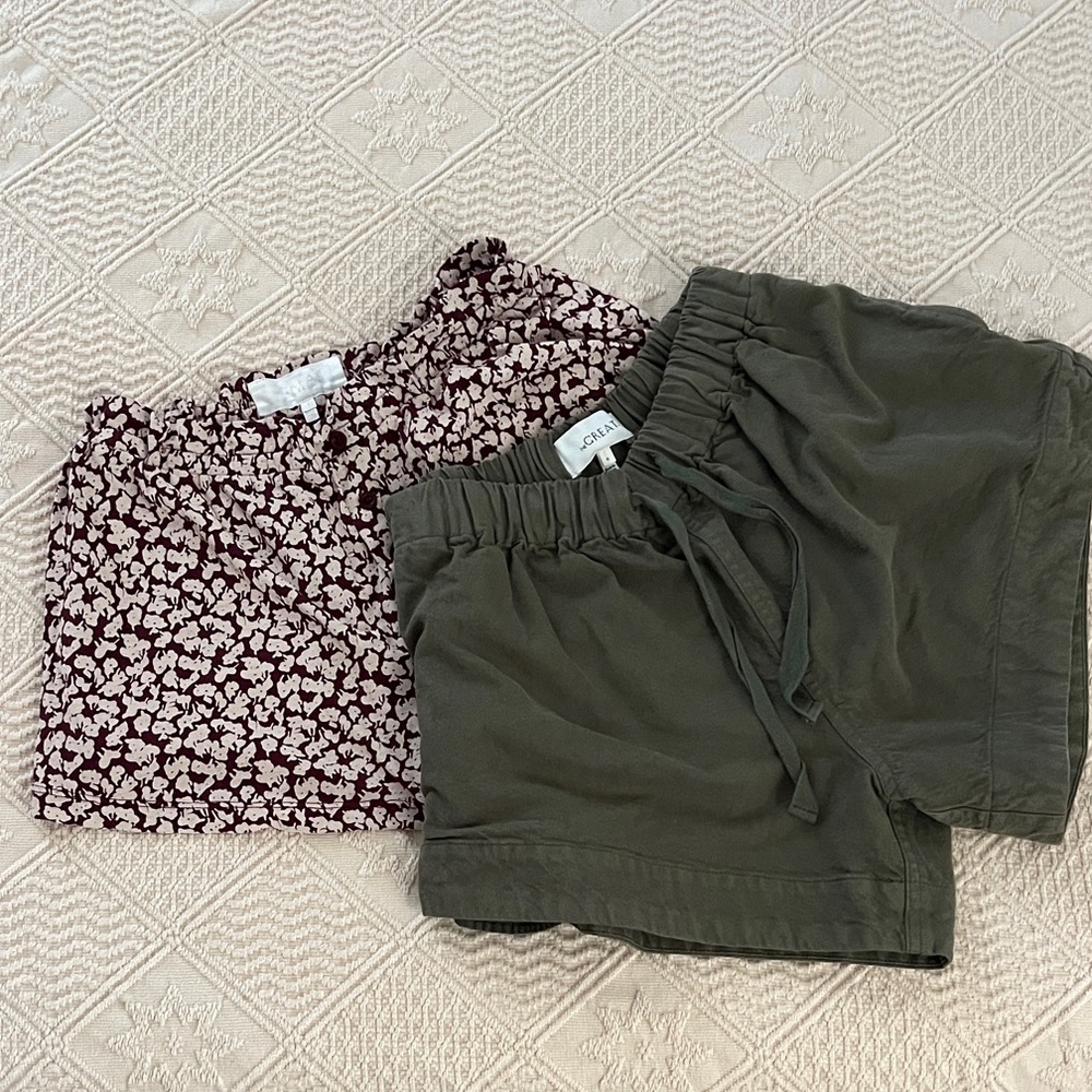 THE GREAT. (2) Shorts (Bonfire in Army Green and Sleep Short in Maroon Floral)